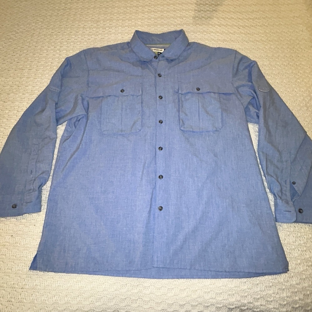Magellan Outdoors Men Blue Long Sleeve Shirt XL Angler Fit Mag Wick Elbow Stain
